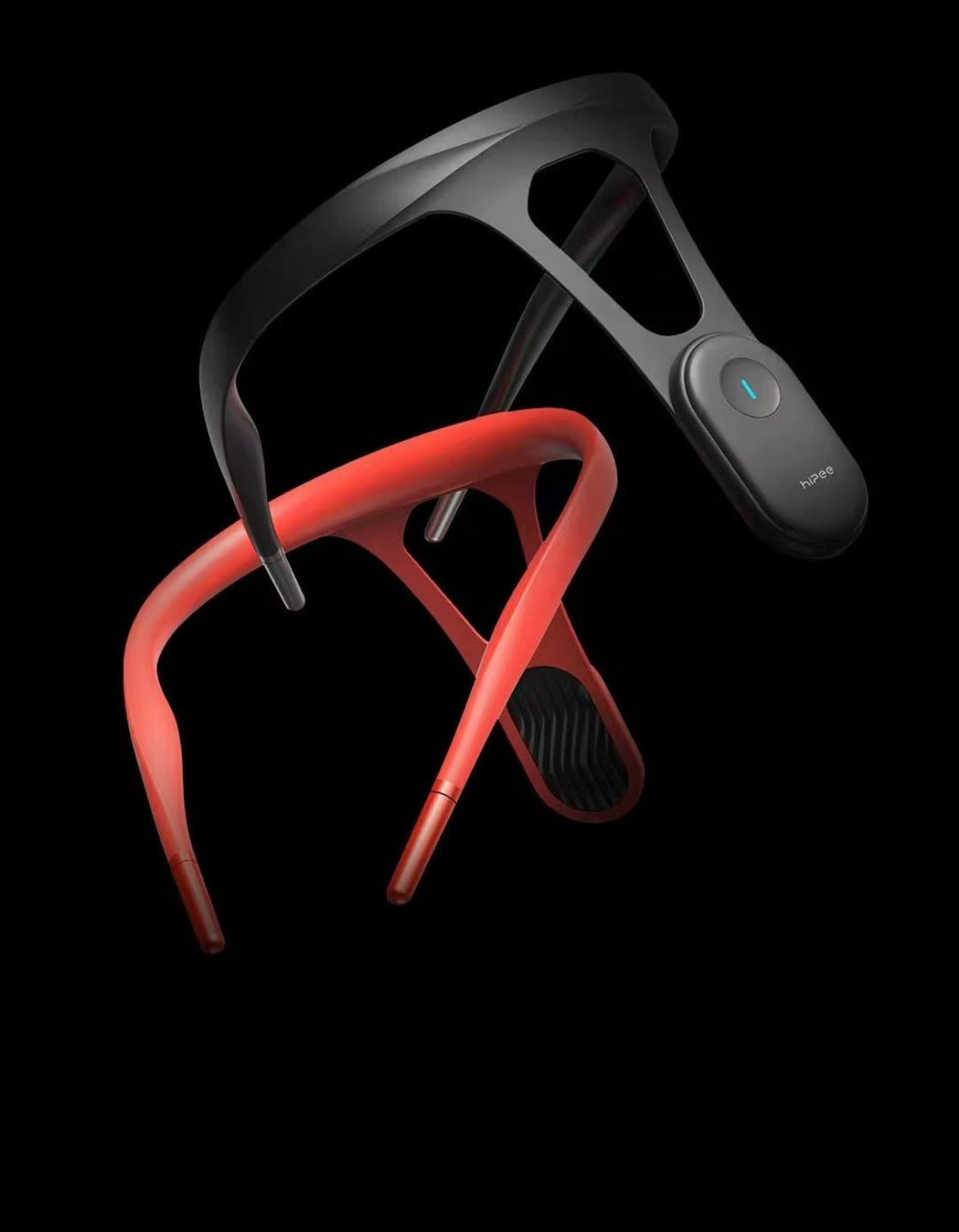 Black and red eyeglasses with a remote control on a black background